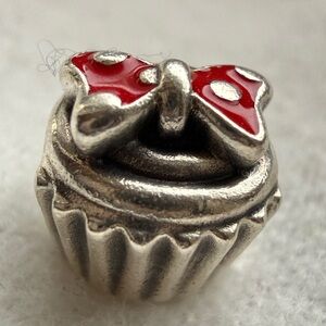 Pandora Silver Cupcake Charm with Red Bow Enamel